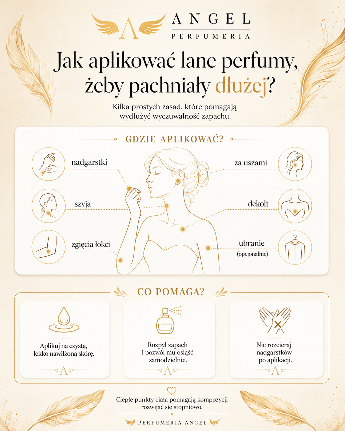 Infografika Perfumerii Angel pokazująca, jak aplikować zapach, aby najtrwalsze lane perfumy dłużej pachniały — opinie i praktyczne wskazówki.