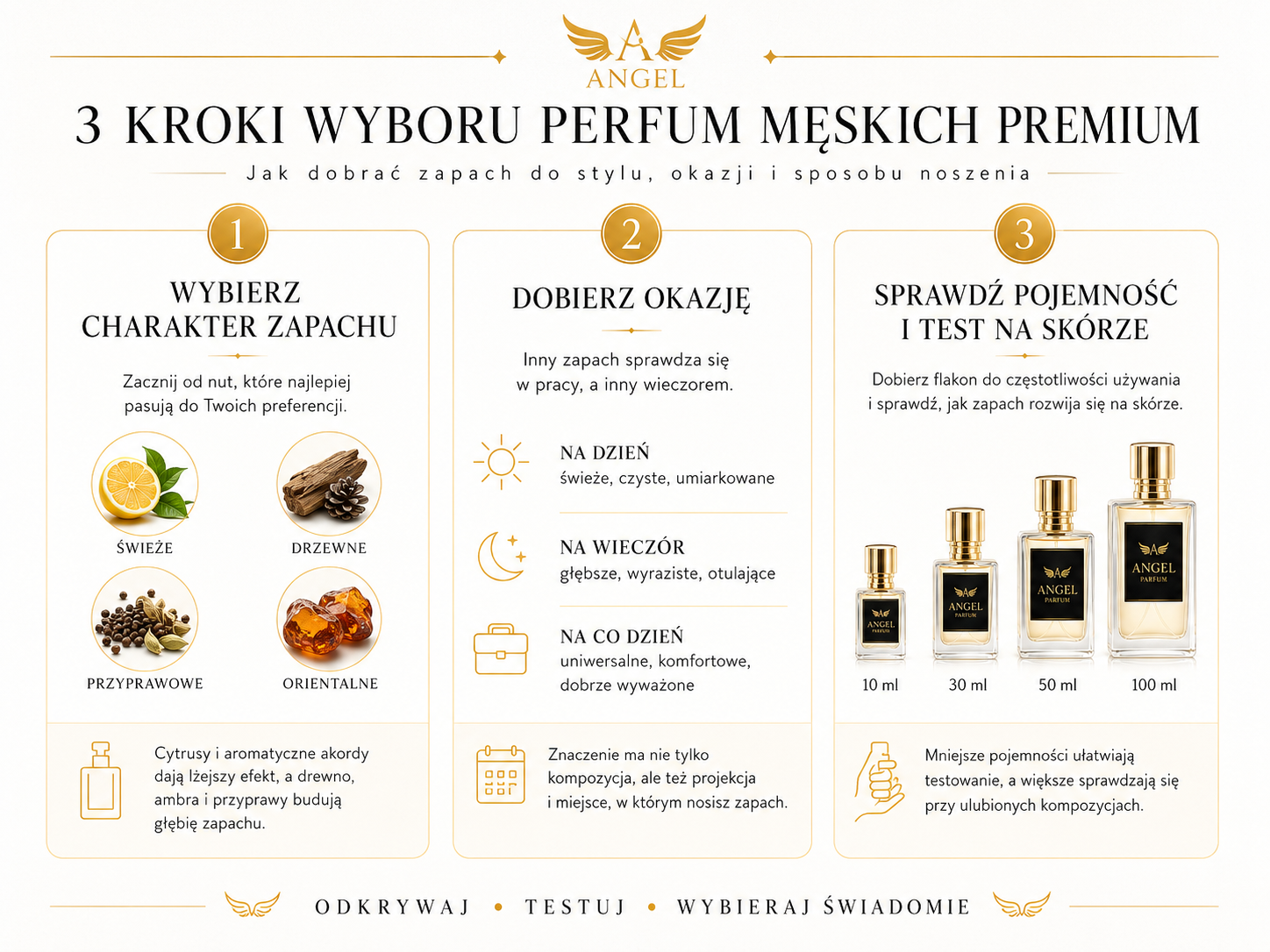 jak wybrać perfumy męskie premium – infografika z 3 krokami wyboru zapachu