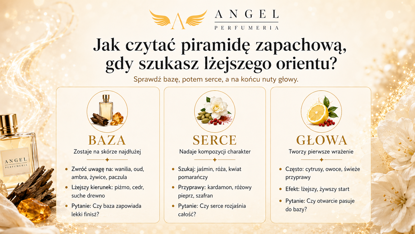 Infografika Angel: jak czytać nuty bazy, serca i głowy, wybierając zapachy orientalne damskie i perfumy francuskie damskie o lżejszym charakterze.
